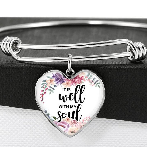 It Is Well With My Soul Surgical Steel Bangle Bracelet With Heart Pendant