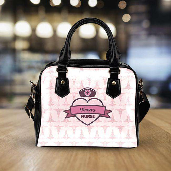 Pink Texas Nurse Black Leather Shoulder Handbag